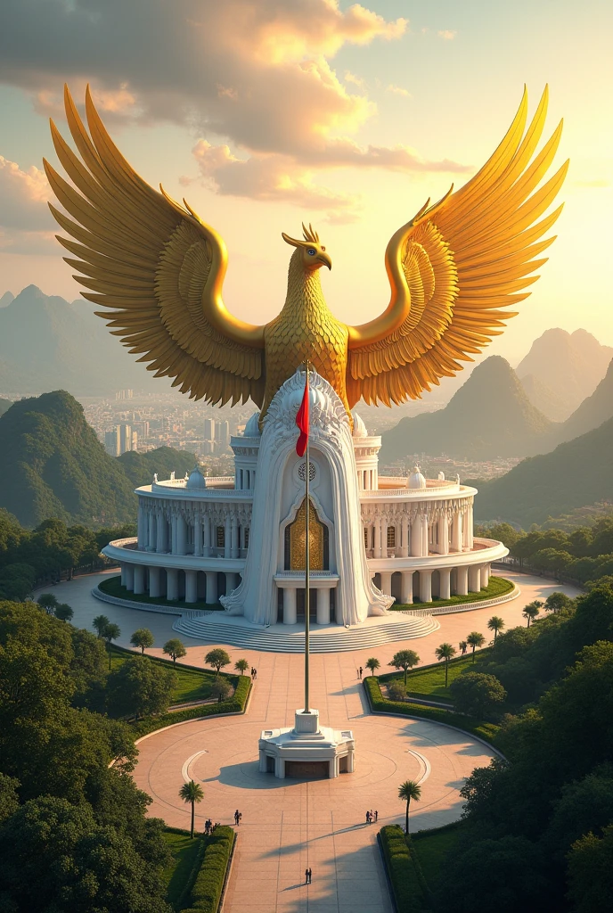4D realistic caricature image of a white palace building in the shape of a golden yellow Garuda bird flapping its wings , and in front of it there is a wide square with a flagpole in the middle waving the Indonesian flag , with a backdrop of mountain views and sunset and a view of city buildings
