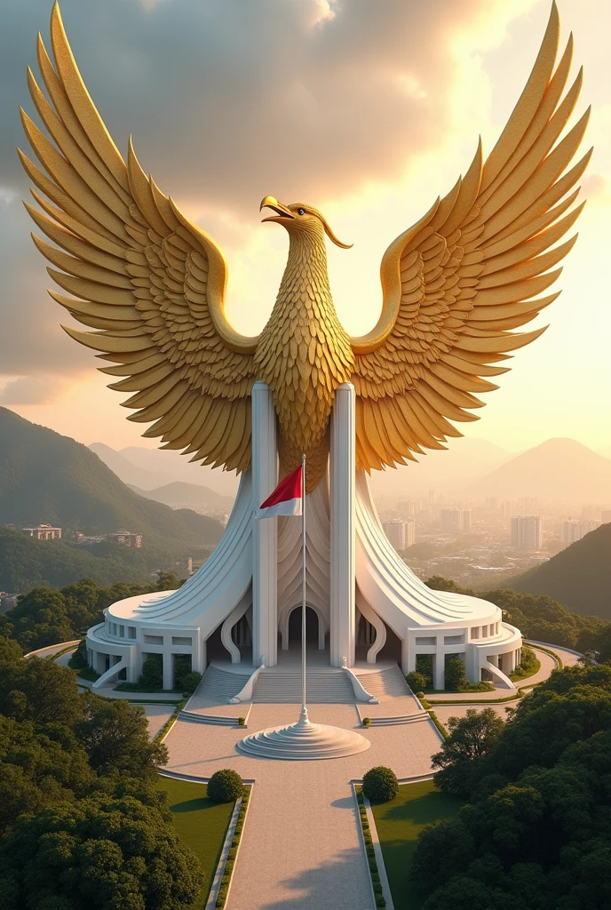 4D realistic caricature image of a white palace building in the shape of a golden yellow Garuda bird flapping its wings , and in front of it there is a wide square with a flagpole in the middle waving the Indonesian flag , with a backdrop of mountain views and sunset and a view of city buildings