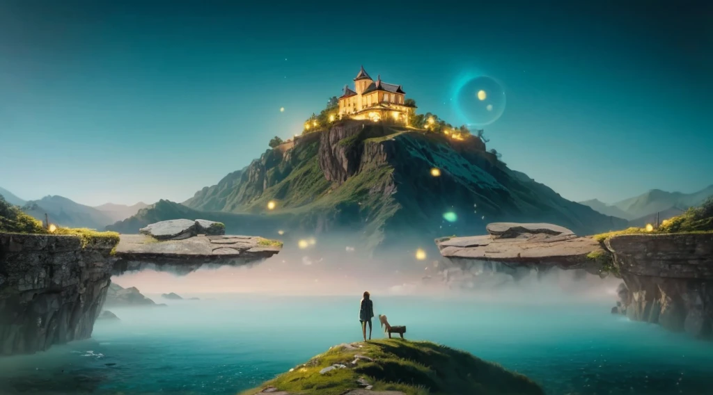 An open ocean shore, majestic mountains on the sides, a symmetrical beautiful stone bridge over the ocean, the stone bridge looks like human hands, a stone bridge created by nature itself, a stone bridge in the shape of a human hand, a stone bridge overgrown with greenery and bushes, very beautiful illustration, Rich in Detail and Color, (Iridescent: 1.2), (Glow, Atmospheric Lighting), Dreamy, Magical, (Solo: 1.2) dreamy, ethereal, ultra-detailed, Strong contrast, Good depth of field, 8K wallpaper, Masterpiece, Aesthetic illustration in realistic style, best quality, natural light, high res, highly detailed. At its base is a house, its lights glowing in the dimness of the tropical forest gloom, lights hang in the air, ethereal and mystical, magical atmosphere, beautiful and dreamy, fantasy style, dreamlike fantasy art, Photorealistic drone photo of a mountain slope, All the colors and materials in this work are very harmoniously combined, on the mountain is a cozy city of angels