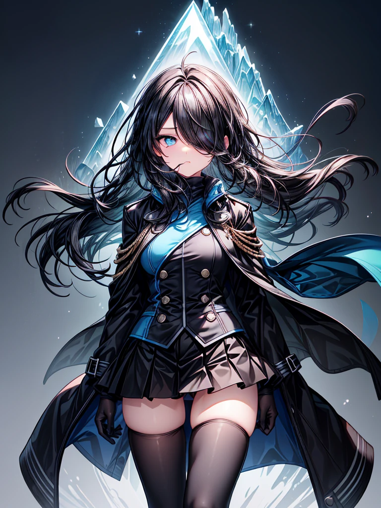 ((Celestial Glacier)),(skirt-lift),((Highest quality)),((black micro mini length skirt)),((alone)),((Deep blue pupils)),((sparkling eyes)),(Beautiful Blue Eyes),((Wearing a black coat)),(((Wearing black tights))),(Slim body),((length, Shiny black hair)),((Her hair is parted, and you can see her eyes through it)),((Wearing black gloves)),((hair over one eye,long hair)),((Complex background)),((Hair blowing in the wind),(Pouting mouth)
