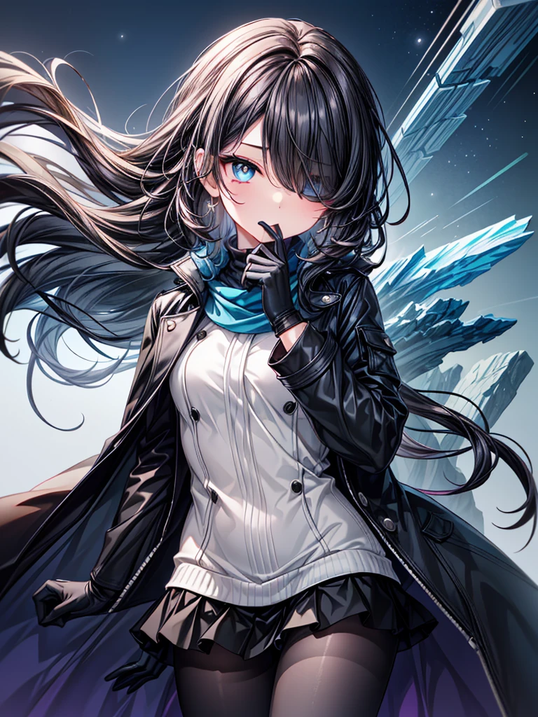 ((Celestial Glacier)),(skirt-lift),((Highest quality)),((black micro mini length skirt)),((alone)),((Deep blue pupils)),((sparkling eyes)),(Beautiful Blue Eyes),((Wearing a black coat)),(((Wearing black tights))),(Slim body),((length, Shiny black hair)),((Her hair is parted, and you can see her eyes through it)),((Wearing black gloves)),((hair over one eye,long hair)),((Complex background)),((Hair blowing in the wind),(Pouting mouth)