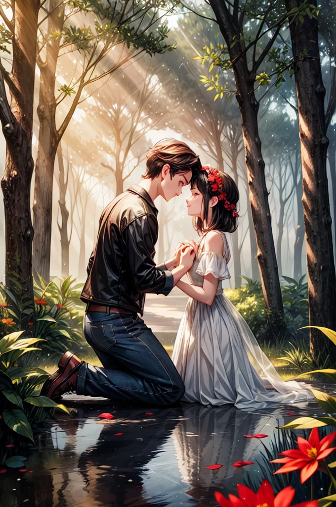 Two young characters stand in a lush, illuminated forest. A boy kneels, gently holding the hand of a girl, who stands in front of him. Sunlight filters through the trees, casting a warm glow and creating a serene atmosphere. The ground is wet, with hints of red flowers and reflections. The scene conveys a sense of intimacy and tenderness.
