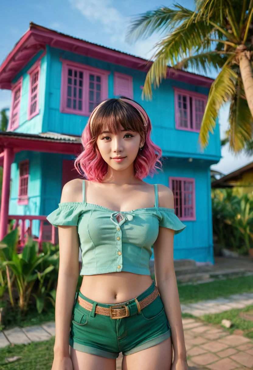 girl standing front of pink house, ((masterpiece, best quality, 4k, detailed, realistic)), wide lens photography, looking at viewer, BlackHair_GoodLaunch_ownwaifu, ((1 shy girl standing at front of wooden pink house)), coconut tree beside wooden pink house, pink wooden house,(long hair, (blue hair, curly hair), hair ribbon, black eyes, medium perky breasts, red hairband, red cheeks, long eyelashes, natural makeup,shy smile,brown eyes, bangs, green shirt, crop top, midriff, fingerless gloves, cleavage, bare shoulders, navel, short shorts, collarbone, yellow shorts, tank top, belt, brown gloves, outdoors, sunlight flare, depth of field, bokeh, vanishing point, ( hand front her chest)), narrow hips, thick thighs,slim body,detailed face, detailed background, detailed hair, at a small island in the middle of the sea