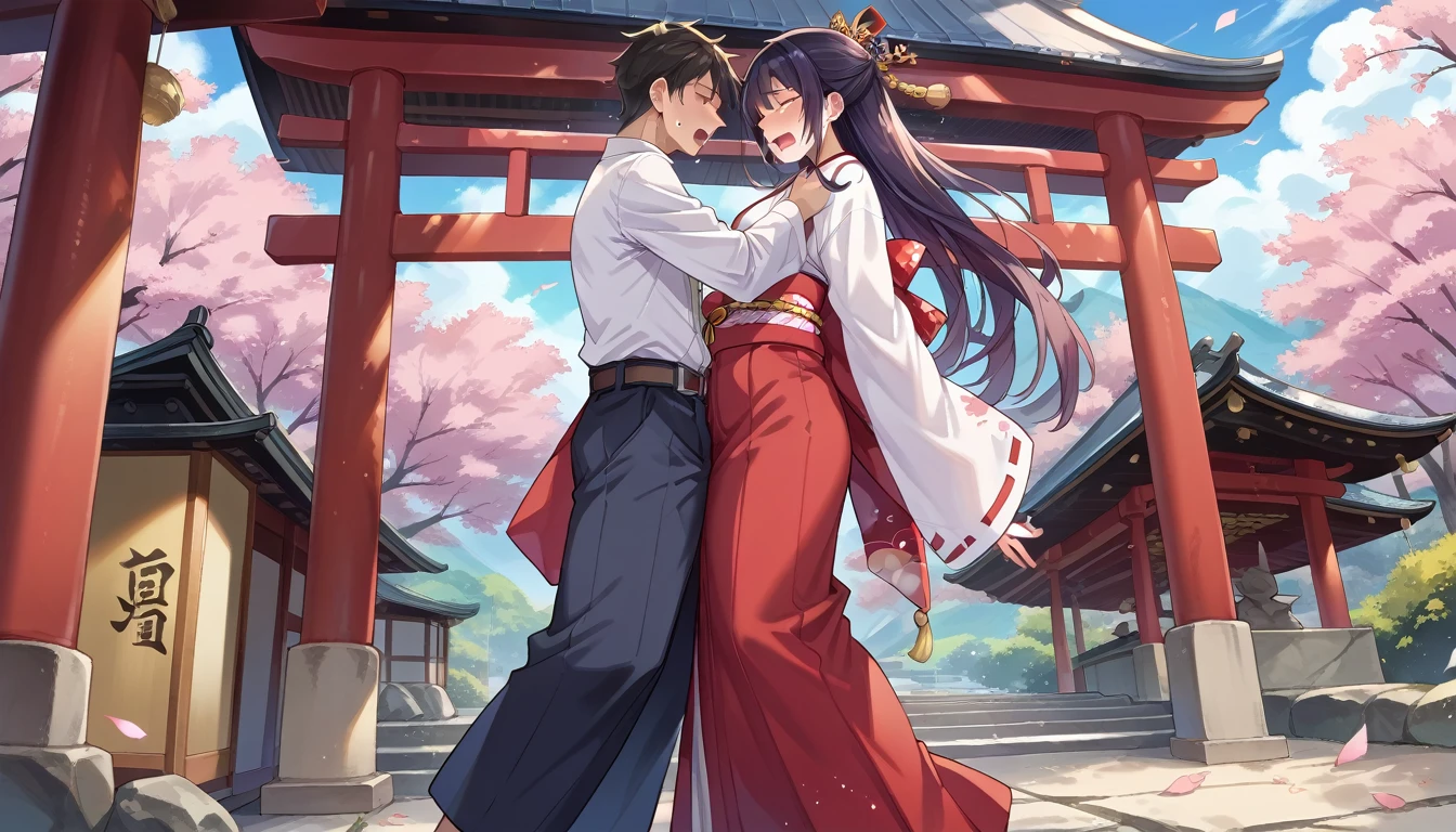 (Shrine maiden、Long skirt style,Long sleeves in Japanese style:1.3)、Highest quality、Masterpiece、Long Hair、(scared:1.2)、sweat、（Medium chest:1.）,1girl,1boy、（standing,back、from side,vaginale,sex:1.4)、