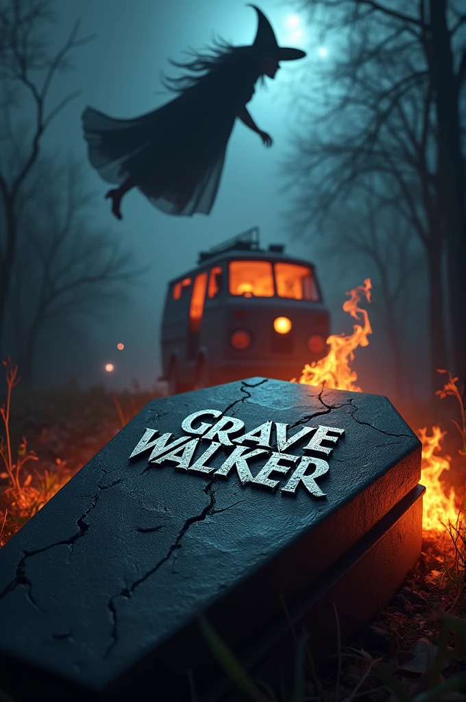There is a horror title "Grave Walker" written on a coffin. A burning hand's sharp nails making scratches on the coffin. There is night background and a van is burning behind the coffin. A witch is flying at the sky. A 3D, aesthetic, horror, fantasy poster.