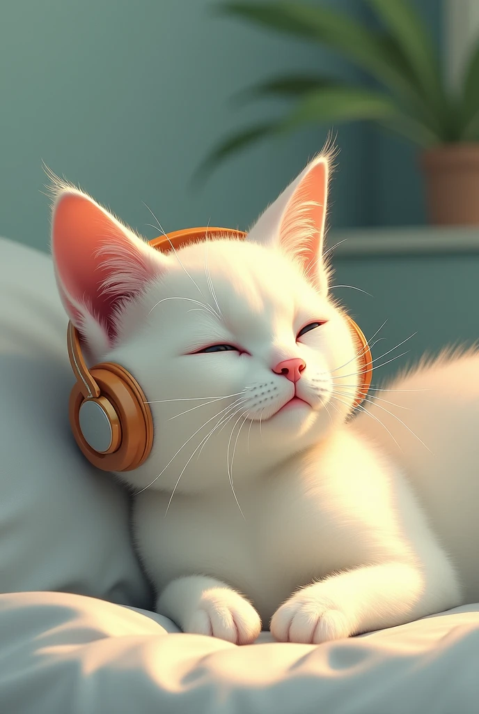 Catはヘッドフォンをつけている、人間のように振る舞うCat、Lying on a bed like a human、It is made up of soft, dull, pale colors.、Cat'The fur is rendered in soft shades of white and cream..、Headphones warm colors、The background is accented with subtle shades of green and blue.