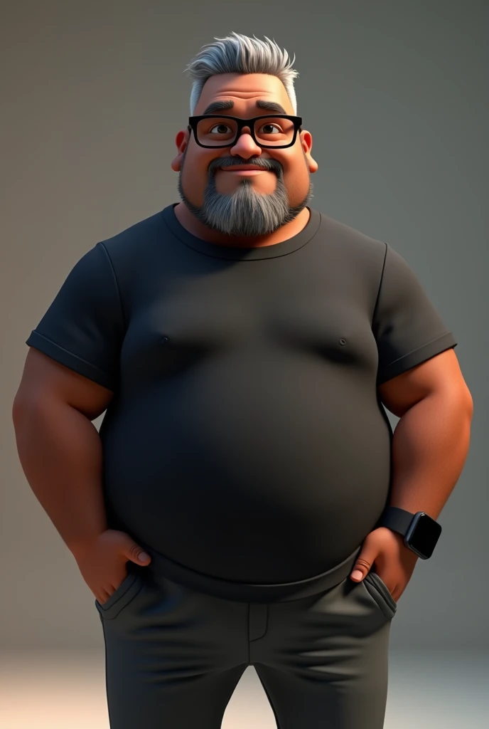 Create a stylized 3D cartoon character of a middle-aged black man with very short hair, wearing modern black glasses. The character should have a broad build but without a belly or muscular physique, and a friendly expression, but not smiling. His skin tone is dark brown with a warm undertone. The man has only two prominent vertical wrinkles on his forehead between his eyebrows. His beard is trimmed and sparse, with more white hairs on the chin and the rest being dark gray. His hair is gray, extremely short on top, styled to the right side, and shaved on the sides. The man has hairy arms and does not wear any accessories or jewelry, except for a black smartwatch. He is looking directly at the camera, not cross-eyed, and not smiling. The man is dressed in an oversized black t-shirt and dark gray pants without a belt. The character should be rendered in a stylized, animation-style, with a Pixar-like quality, using Arnold Maya render or toon Keyshot render. The rendering should be high quality, with cinematic lighting, sharp focus, detailed textures, detailed skin, clay-like finish, and bokeh effects in 8K resolution.