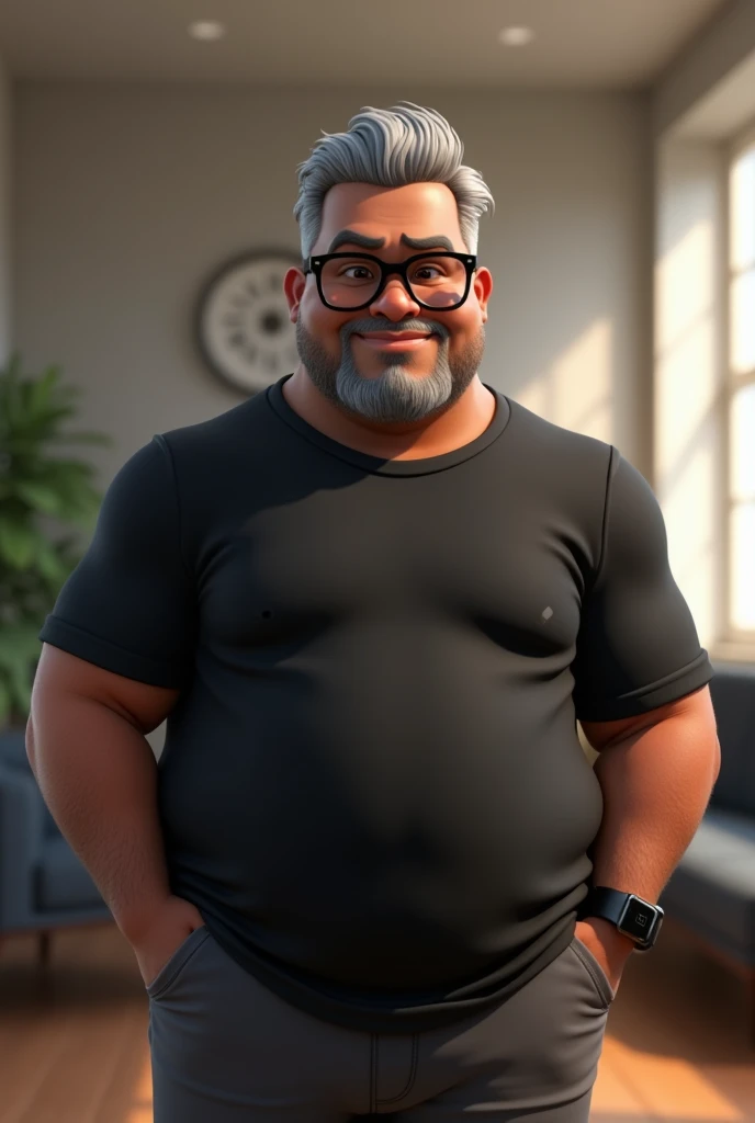 Create a stylized 3D cartoon character of a middle-aged black man with very short hair, wearing modern black glasses. The character should have a broad build but without a belly or muscular physique, and a friendly expression, but not smiling. His skin tone is dark brown with a warm undertone. The man has only two prominent vertical wrinkles on his forehead between his eyebrows. His beard is trimmed and sparse, with more white hairs on the chin and the rest being dark gray. His hair is gray, extremely short on top, styled to the right side, and shaved on the sides. The man has hairy arms and does not wear any accessories or jewelry, except for a black smartwatch. He is looking directly at the camera, not cross-eyed, and not smiling. The man is dressed in an oversized black t-shirt and dark gray pants without a belt. The character should be rendered in a stylized, animation-style, with a Pixar-like quality, using Arnold Maya render or toon Keyshot render. The rendering should be high quality, with cinematic lighting, sharp focus, detailed textures, detailed skin, clay-like finish, and bokeh effects in 8K resolution.