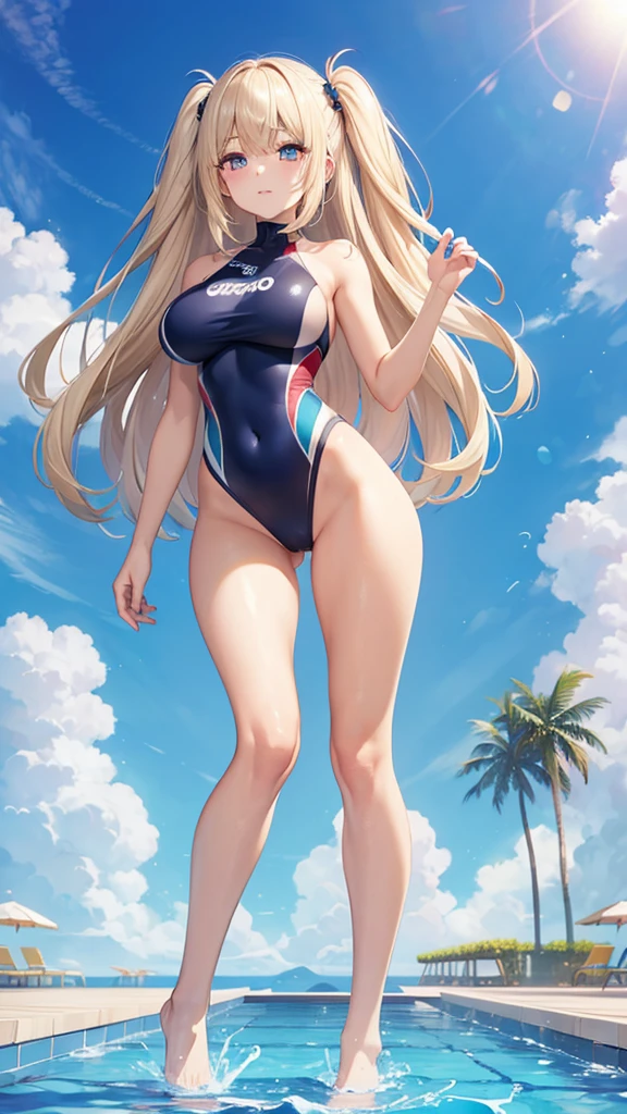 ((Best Quality)), (ultra-detailliert), ((Extremely detailed)), (Beautiful), ((Kawaii Girl)), ((UHD)), (masterpiece), (high quality), (best quality), (4K), (high quality), 1, solo woman, 1woman, ((platinum blond hair)), parted bangs, ((hair intakes)), long hair, (hair two side up long), ((jade colored eyes)), slanted eyes, large breasts, slender body, competition swimsuit, Pool Background, (blue sky:1.3), solar, sunlight, anime style, full body,