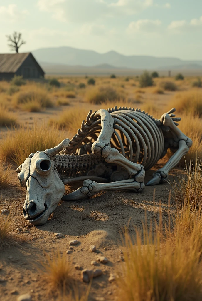 (photorealism:1.2), malnourished cow bones grass