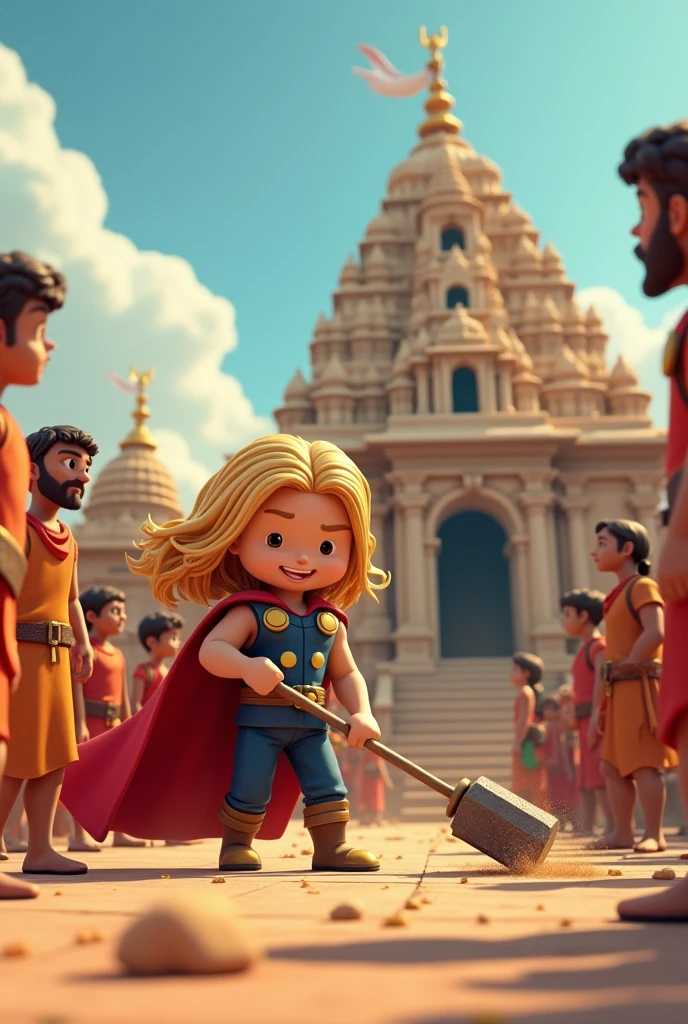 3d cartoon images Scene: super hero of marval that is Thor sweeping 🧹 at Ram temple Ayodhya in front of people