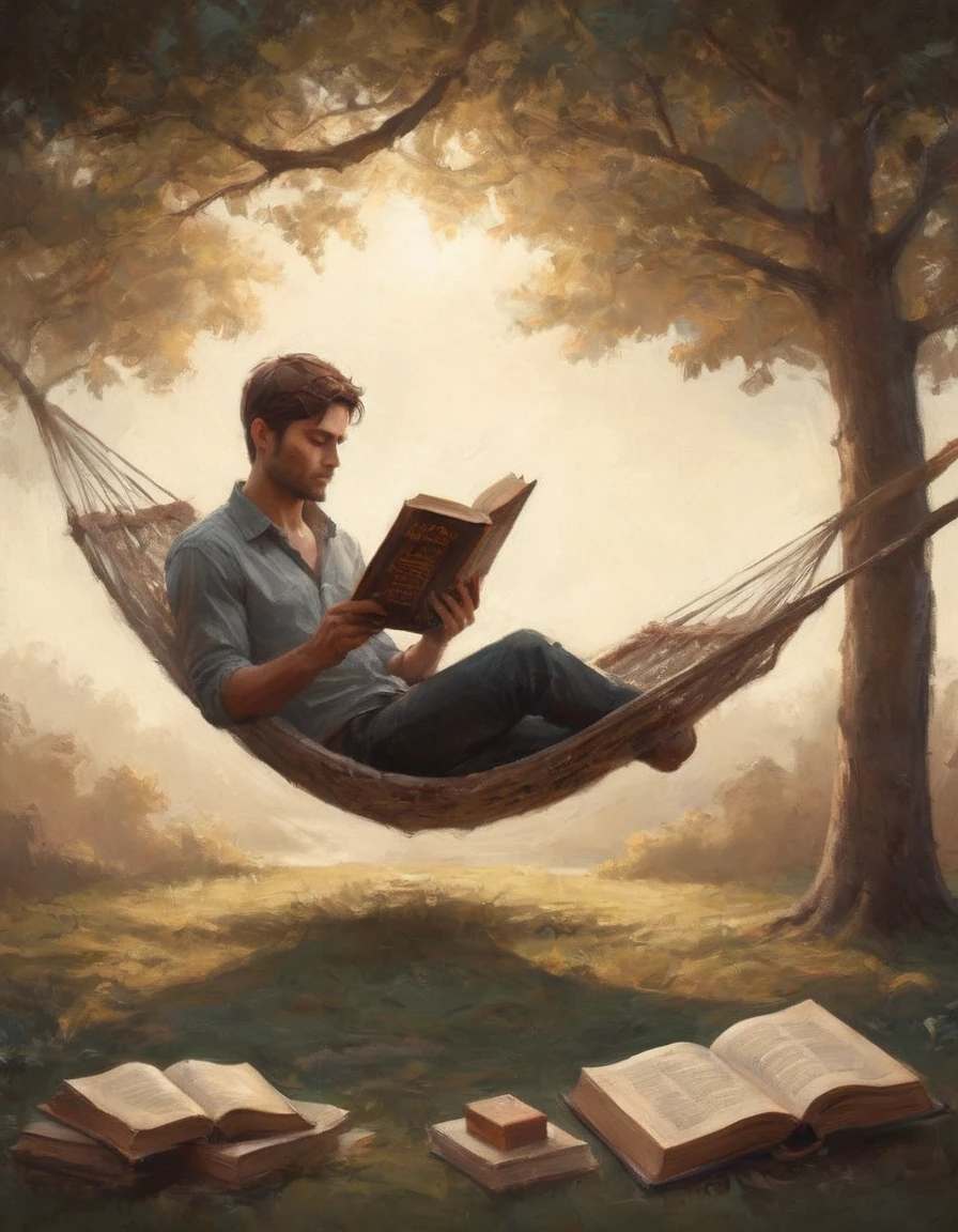 Hyperreal digital art style, "Fairytale", fantasy world coming out of centered book, open book, hyperdetailed double exposure fantasy illustration, masterpiece, cinematic, by Andreas Lie, Luke Gram, photorealism, backlit, gorgeous light, a man resting in a hammock reading a book