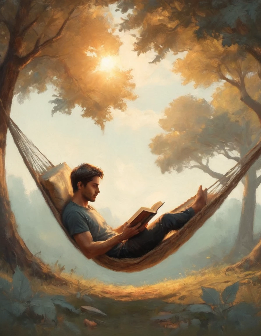 Hyperreal digital art style, "Fairytale", fantasy world coming out of centered book, open book, hyperdetailed double exposure fantasy illustration, masterpiece, cinematic, by Andreas Lie, Luke Gram, photorealism, backlit, gorgeous light, a man resting in a hammock reading a book