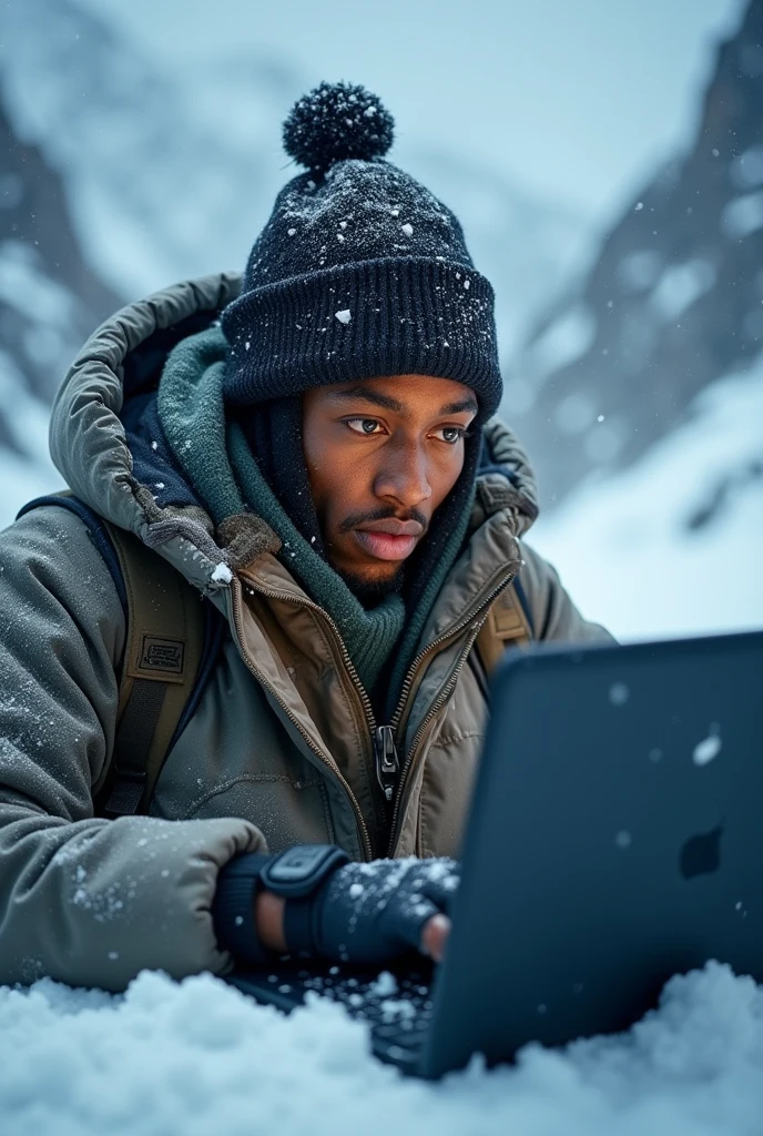 Picture of a laptop pc user operating it in extreme weather conditions. The user is of black origin

