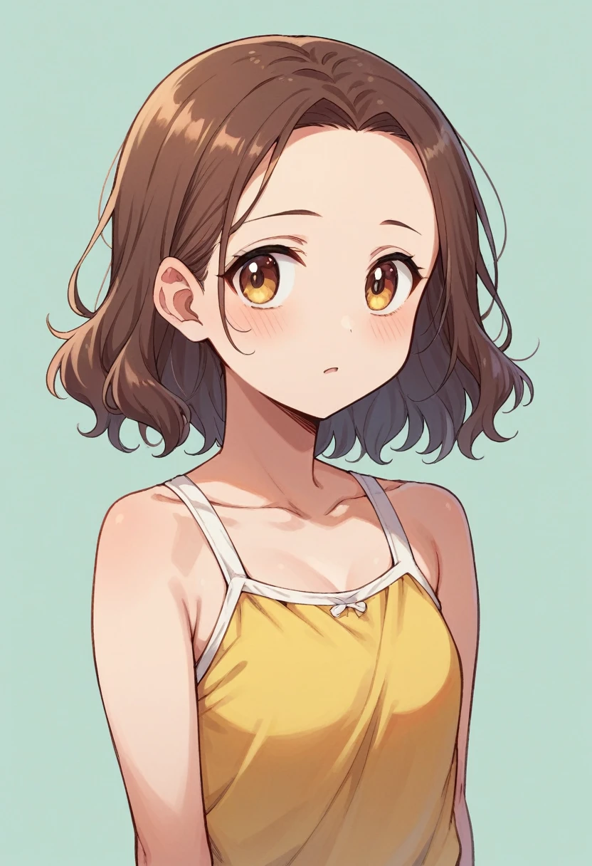 forehead, shoulder-length wavy brown hair ,yellow swimsuit, シャワールーム.((シャワーしている))look away.