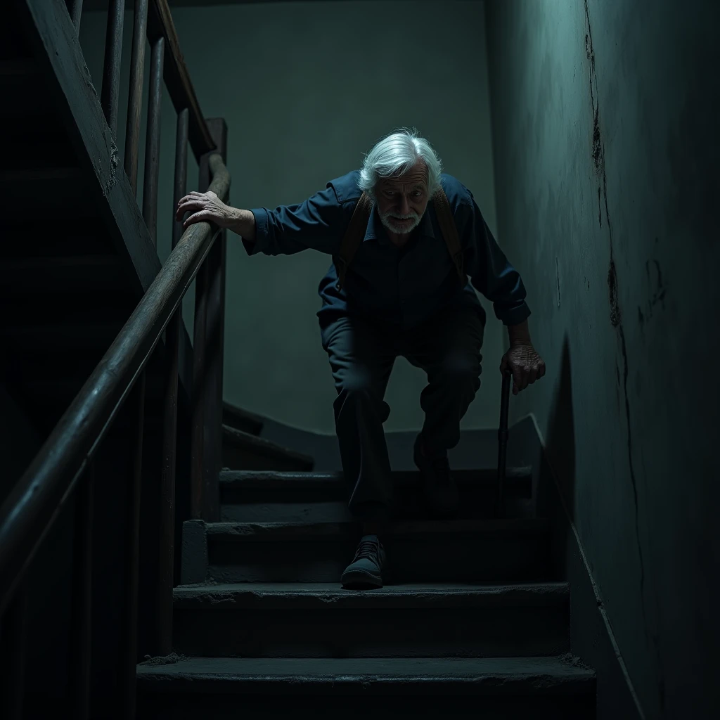 An elderly person losing balance while descending a dark staircase at night. The image should capture the moment of a potential fall, with shadows and minimal lighting creating a sense of urgency and danger. The focus should be on the precarious situation, emphasizing the risk and the need for better lighting to prevent such accidents.