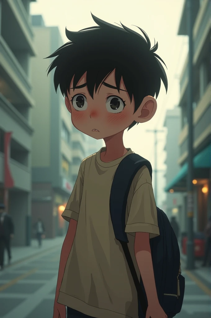 A thin twelve year old boy. He was nervous because of his first day in school. The boy is skinny and weak and bad at sports, he is a coward, introvert 