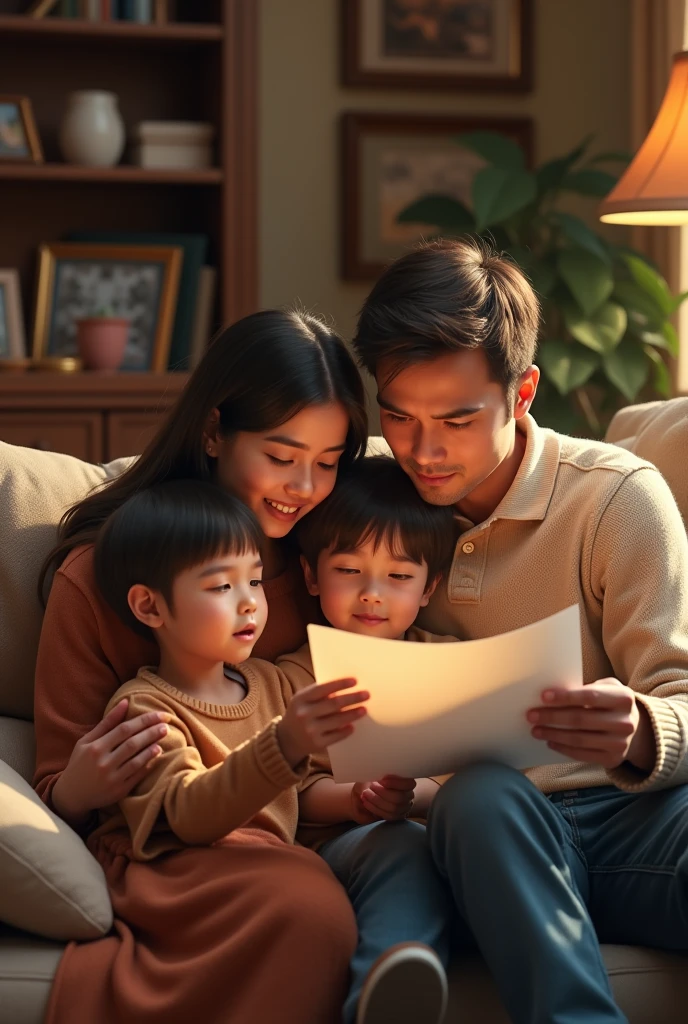Image of a family reading a letter, realisitc image