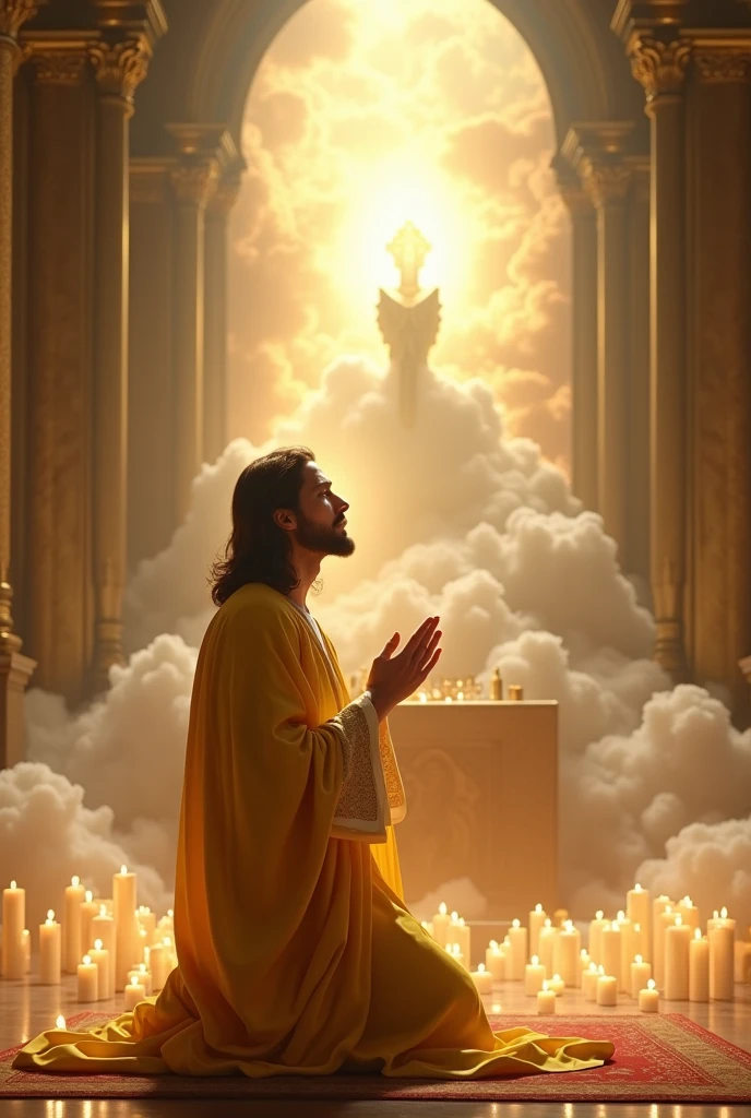 (photorealism:1.2), Crying handsome Jesus Christ, kneel praying under the altar of the priest that full of clouds and sorrounded of many candles, wearing the most elegant yellow clothes of the king with light in his head and heart spreading all over, perfect face impression, perfect five finger, long beautiful nice view of hair, indoors, high lighting, clouds in background, beautiful light, perfect church and clouds, relaxed pose, realistic, intricate details, light colors,