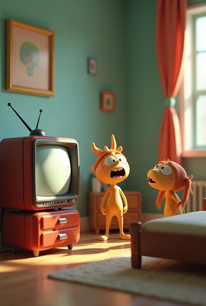 A television talking happily with the bed angry, the pillow would be and the curtain worried