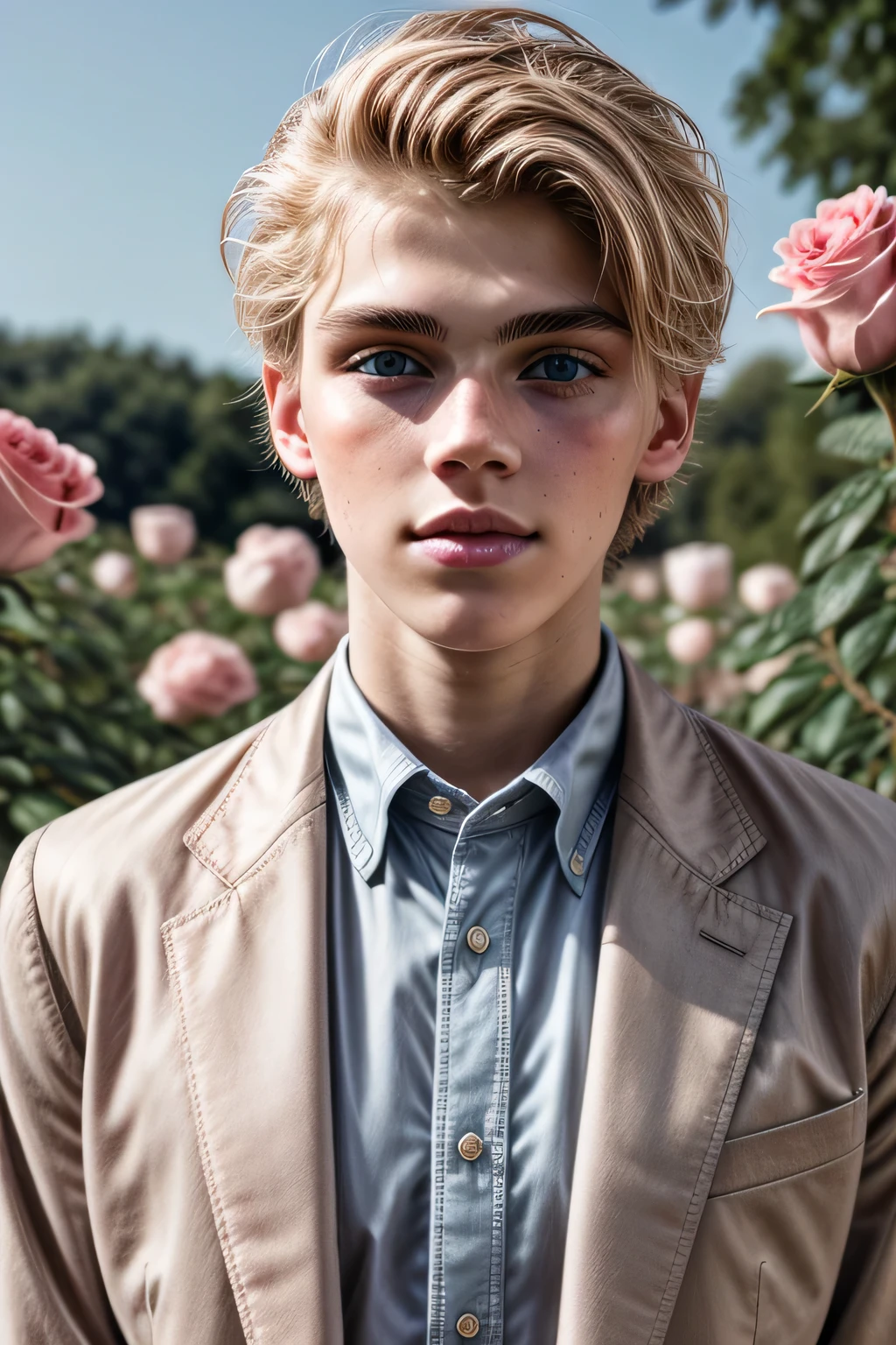 portrait of a boy in a field of pink roses, 21 years old, blonde boy, blonde hair, green eyes, beautiful boy, very beautiful boy, elegant clothes, luxury, bourgeois, elegant shirt, elegant pants, elegant jacket, film grain, real focus on him boy