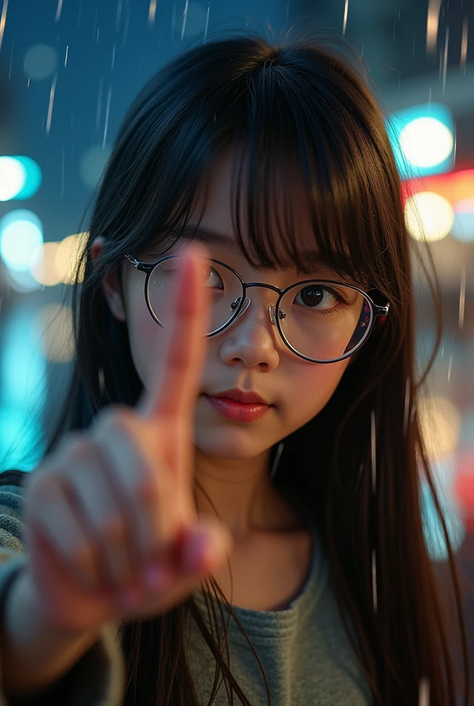 (photorealism:1.2), 1girl, Asian 9 year old, selfie, glasses, pretty, looking down, bottom view, looking at viewer, outdoors, motion blur, rainy night, her finger in the camera lens