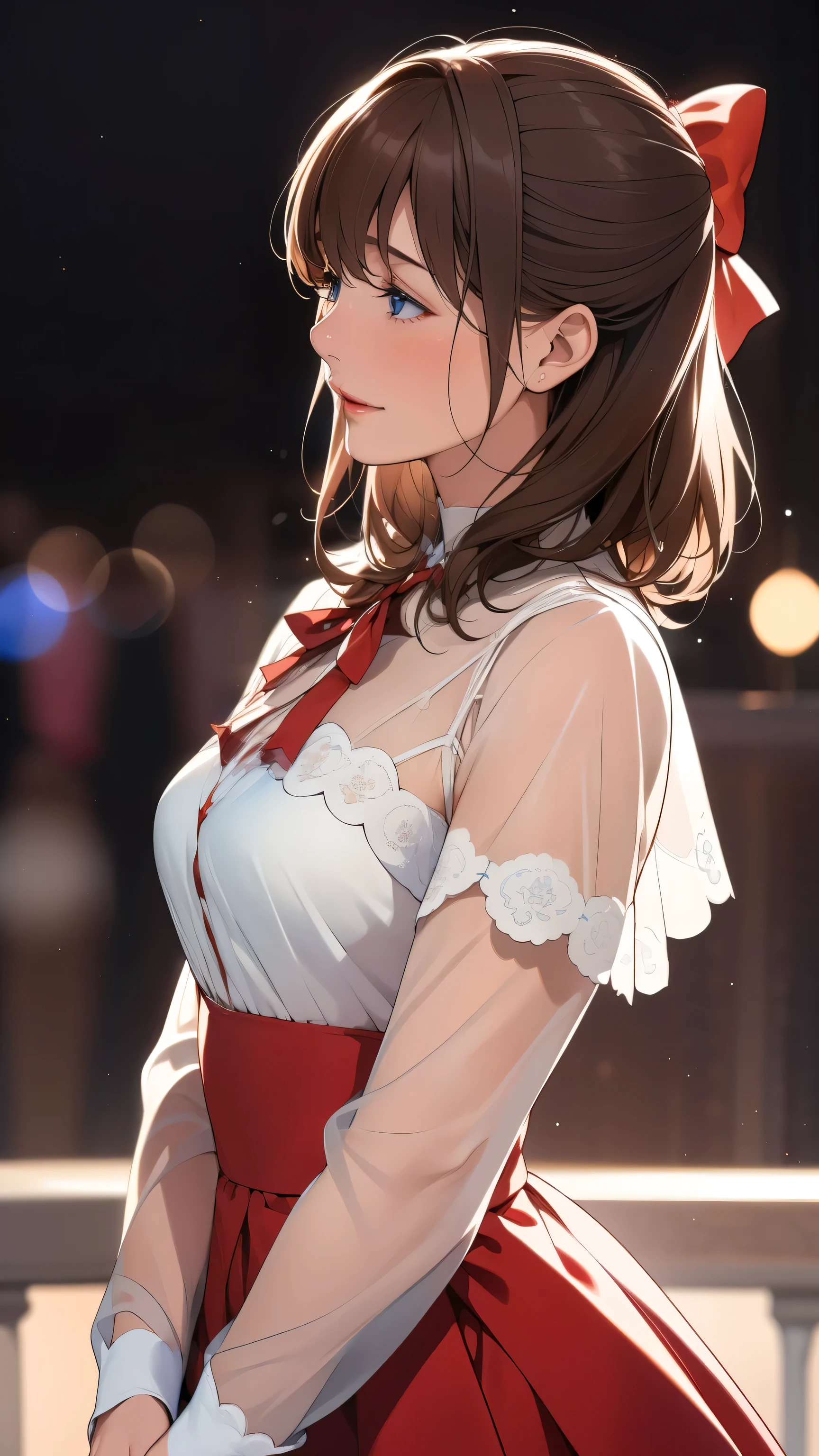 (Very delicate and beautiful: 1.2), 1 person, bangs, blue eyes, Blurred, Blurred background, bow, Brown Hair, shut up, Side view, Hair between the eyes, hair bow, lanthanum, Particles of light, Long sleeve, Observe the audience, Medium Hair, night, red bow, alone, performer(symbol), Upper Body, smile, Red lips