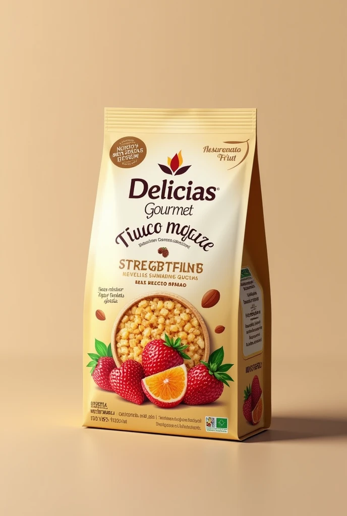 (photorealism:1.2), Create high-quality cookie packaging to launch on the market "Whole wheat biscuits with dried fruit" the company is called "Gourmet Delights" Take into account protection factors, Ingredients, presentation, sustainability. Keep in mind that it is in Colombia and all the steps necessary to bring it to market, but it should be in Spanish and attract attention
