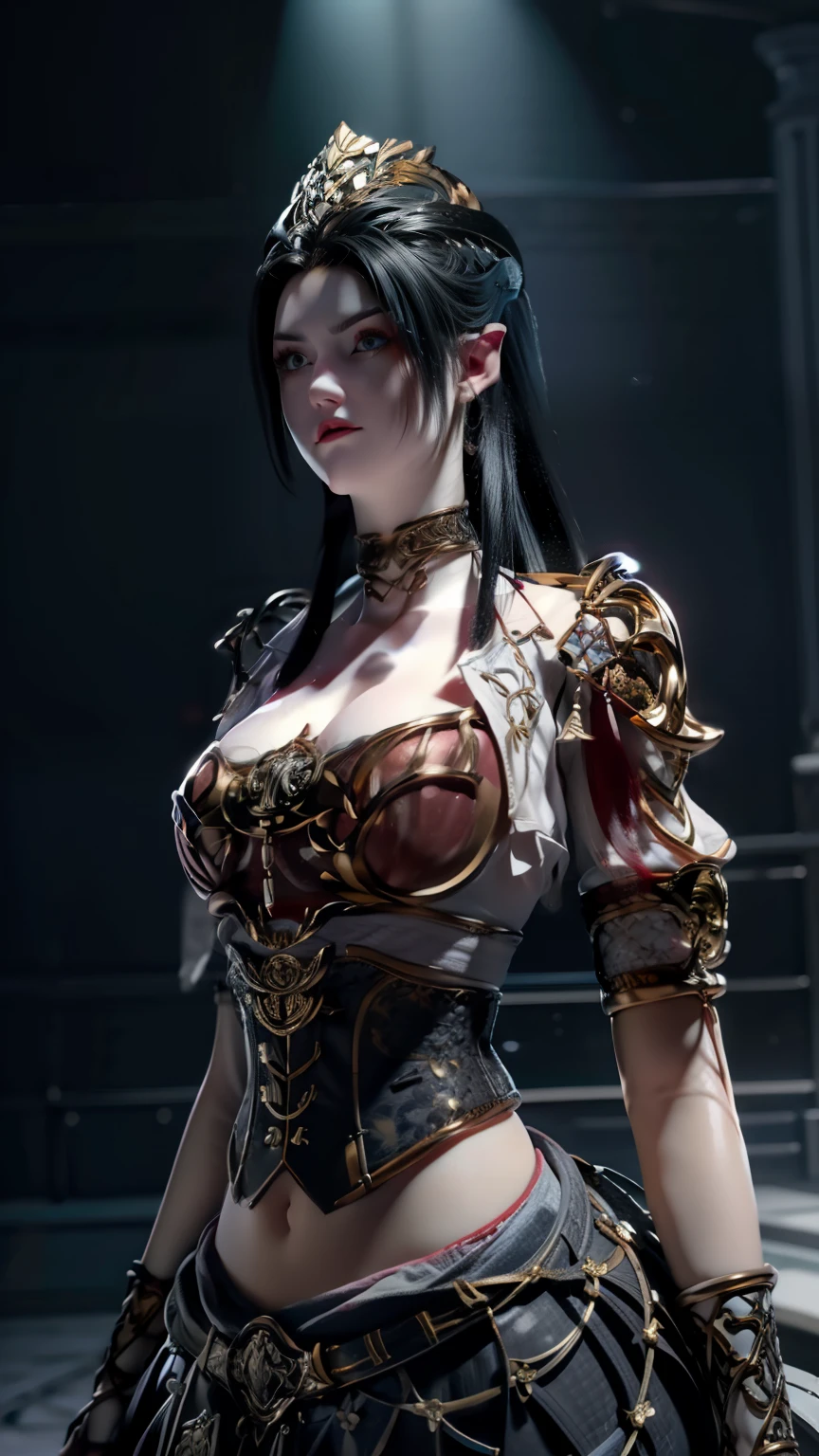 1girl, portrait of beautiful lobapex, athletic, white jacket, corset, skirt, pants, black hair, red hair, braids, makeup, choker, cleavage, wide hips, volumetric lighting, best quality, masterpiece, intricate details, tonemapping, sharp focus, hyper detailed, trending on Artstation, realistic  
