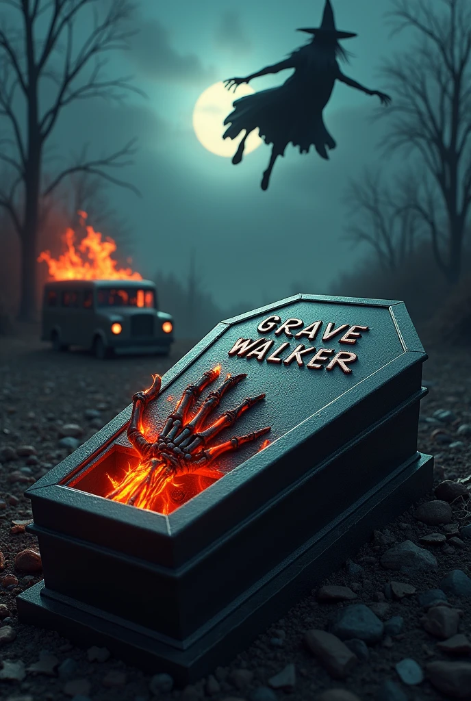 There is a horror title "Grave Walker" written on a coffin. A burning hand's sharp nails making scratches on the coffin. There is night background and a van is burning behind the coffin. A witch is flying at the sky. A 3D, aesthetic, horror, fantasy poster.