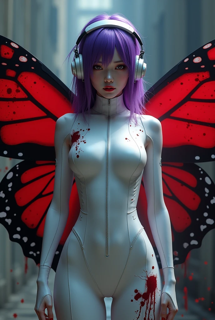 Korean purple hair butterfly woman with headphone and assassin outfit with blood and blood red butterfly wings and perfect body and short outfit white outfit with blood 