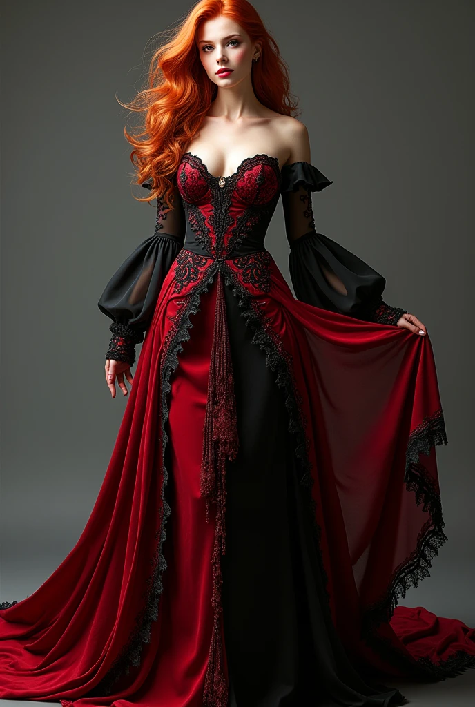 Redhead girl in long black and red dress full body ,three positions