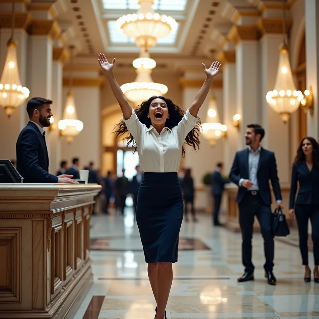 A beautiful woman in her 20s, dressed in an office outfit, stands up and shouts “Hurrah!” while serving a customer at a bank counter in a large city bank.