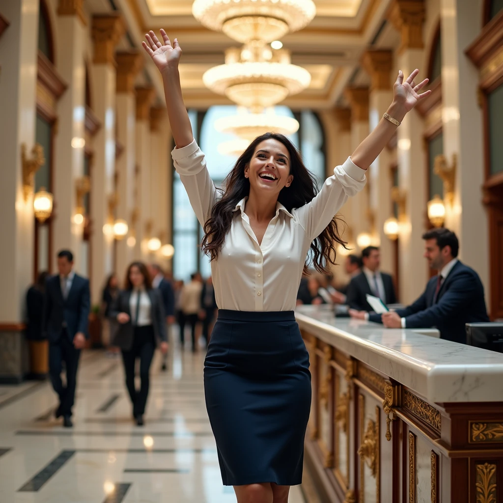 A beautiful woman in her 20s, dressed in an office outfit, stands up and shouts “Hurrah!” while serving a customer at a bank counter in a large city bank.