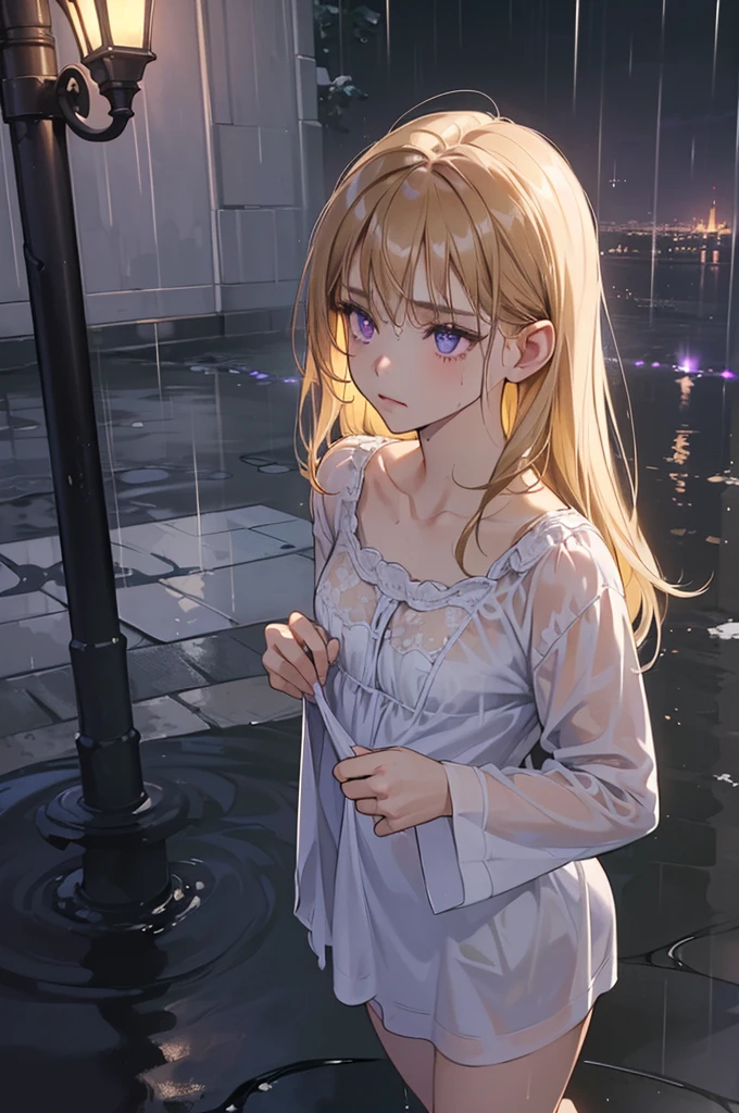 (master quality, amazing detail, amazing eyes), ((detailed eyes, artistic eyes, deep eyes, expressive eyes), (nighttime) 1girl, (purple eyes), outside in the rain at night time, she is standing underneath a lamppost, she is only wearing her sleepwear, she is soaked to the bone, short caramel blonde hair, B-cup breasts, small chest, wearing nothing but a long T-shirt, depressing, view from above, pyjamas shirt, heavy rain, wet hair, very wet hair, miserable, sad, dark picture, thick shirt, nightgown, no bottoms, ((wet hair)), ((wet clothes)), sat on the floor,