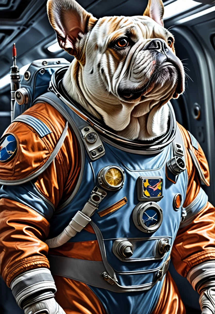 Color ink pen hand drawing, vector graphics design, (best quality, masterpiece:1.2), side view, anthropomorphic, a bulldog, Have Space Suit — Will Travel, simple lines, looking to camera, serteuse look, sci-fi detailed environment, (natural textures, hyperrealism, soft light, sharp:1.2), (intricate details:1.1), hdr, bokeh
