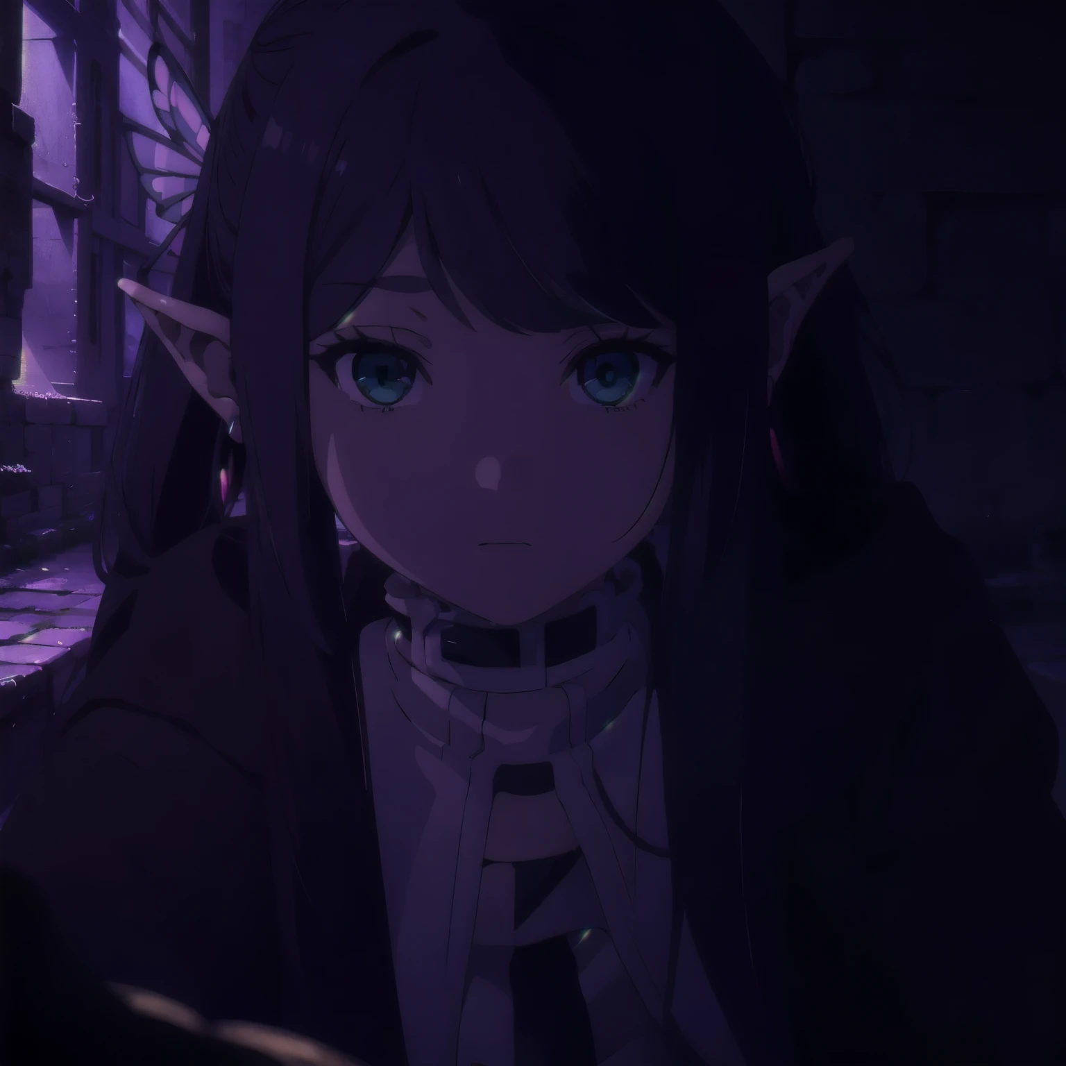 1girl, Frieren, (masterpiece:1.3), naked, completely in the frame, sexy, (high resolution), (extremely detailed),perfect face, nice eyes and face, (best quality), (super detailed), detailed face and eyes, (solo), textured skin, absurdres, highres, wz_sousou_no_frieren_style, wz_sousou_no_frieren_style, twintails, very long hair, silver hair, pointy ears, elf, green eyes, earrings, belt, white sleeves, pov, selfie, butterfly, grass, stone street