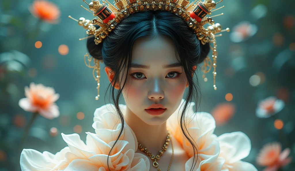 A beautiful Japanese woman wearing a dress with miniature trains running all over it, miniature trains circling around her tiara on her head, miniature trains running around her upper body's collar, with holographic trains, a holographic dress, looking at the viewer, with a smile 1.3, majestic, realistic, 4K