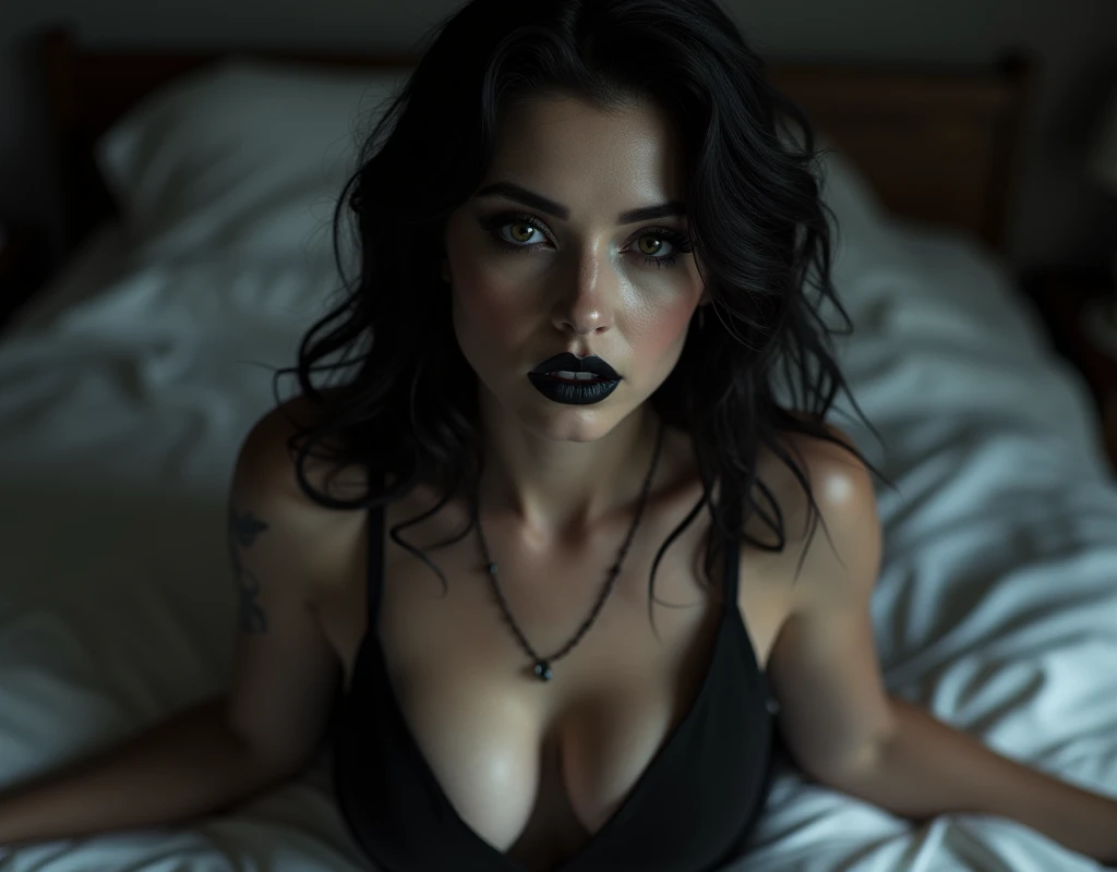 Sexy girl gothic makeup huge breasts on bed half naked