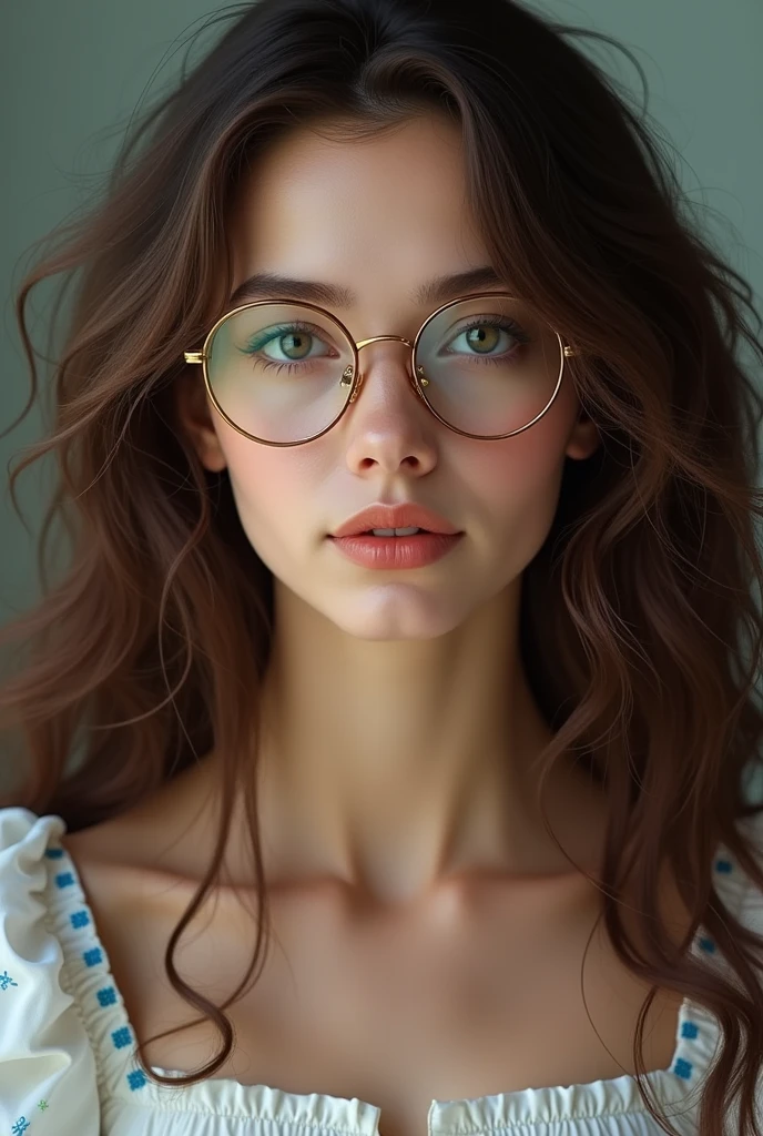 hyper-realistic portrait of a gentle and sweet woman with long, curly, flowing brown hair, piercing dark blue eyes, and a round, high-grade eyeglass, peasant white dress torso with light blue details.