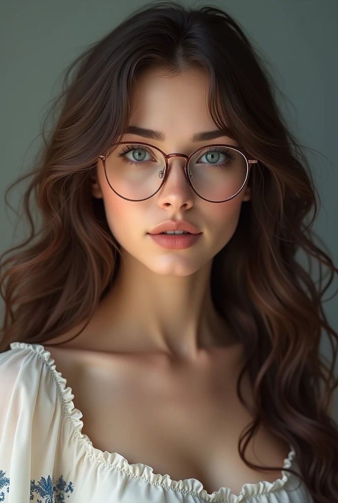 hyper-realistic portrait of a gentle and sweet woman with long, curly, flowing brown hair, piercing dark blue eyes, and a round, high-grade eyeglass, peasant white dress torso with light blue details.