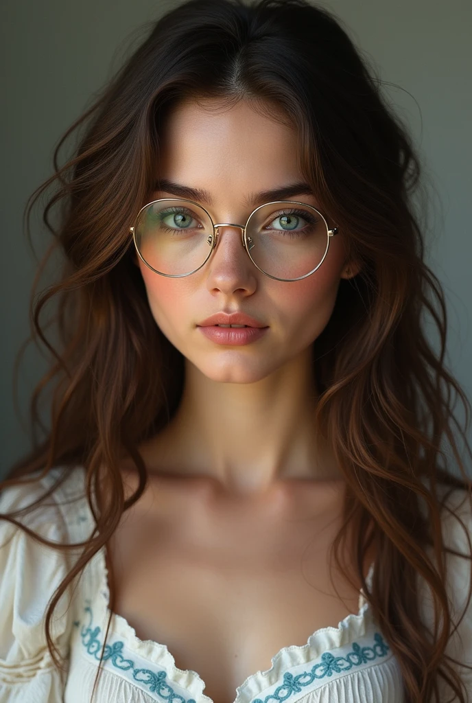 hyper-realistic portrait of a gentle and sweet woman with long, curly, flowing brown hair, piercing dark blue eyes, and a round, high-grade eyeglass, peasant white dress torso with light blue details.