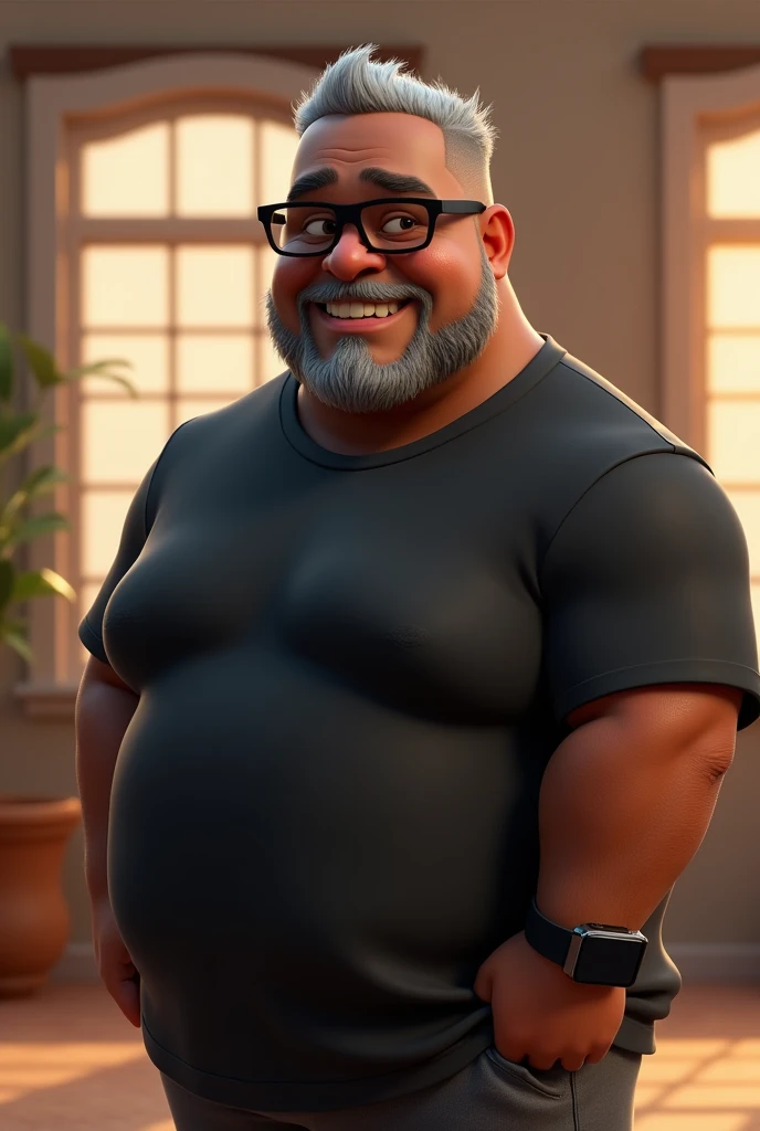 Create a stylized 3D cartoon character of a middle-aged black man with very short hair, wearing modern black glasses. The character should have a broad build but without a belly or muscular physique, and a friendly expression, but not smiling. His skin tone is dark brown with a warm undertone. The man has only two prominent vertical wrinkles on his forehead between his eyebrows. His beard is trimmed and sparse, with more white hairs on the chin and the rest being dark gray. His hair is gray, extremely short on top, styled to the right side, and shaved on the sides. The man has hairy arms and does not wear any accessories or jewelry, except for a black smartwatch. He is looking directly at the camera, not cross-eyed, and not smiling. The man is dressed in an oversized black t-shirt and dark gray pants without a belt. The character should be rendered in a stylized, animation-style, with a Pixar-like quality, using Arnold Maya render or toon Keyshot render. The rendering should be high quality, with cinematic lighting, sharp focus, detailed textures, detailed skin, clay-like finish, and bokeh effects in 8K resolution.