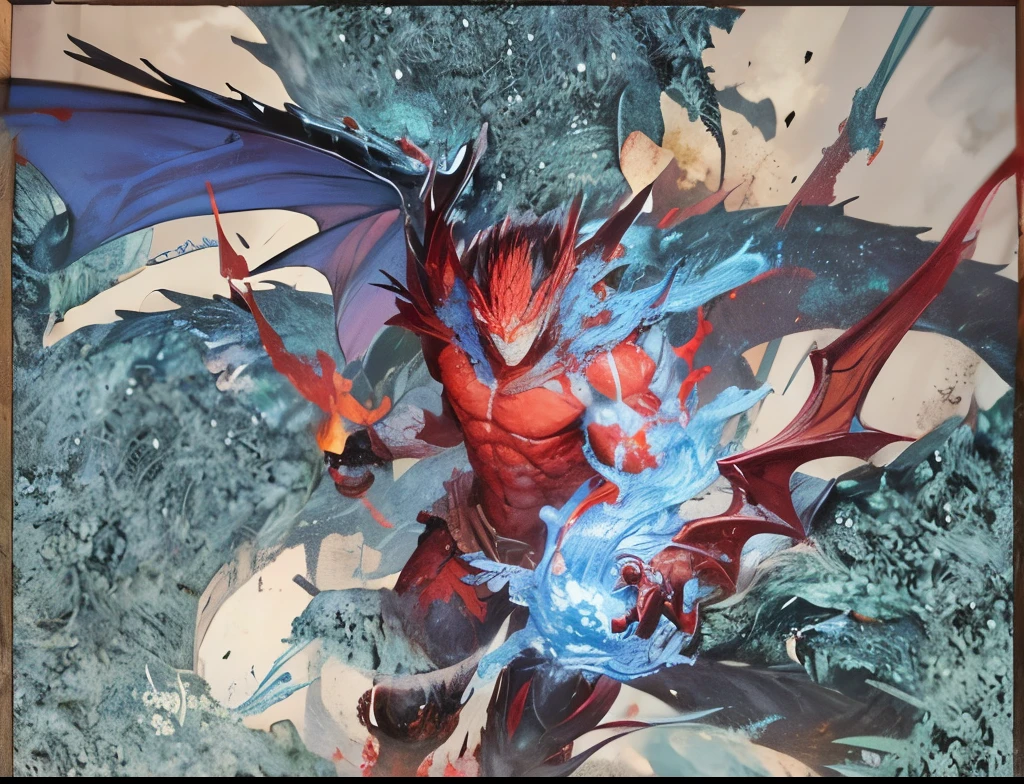 Oil leaking from skin, dragon god, red flames, blue flames, black flames