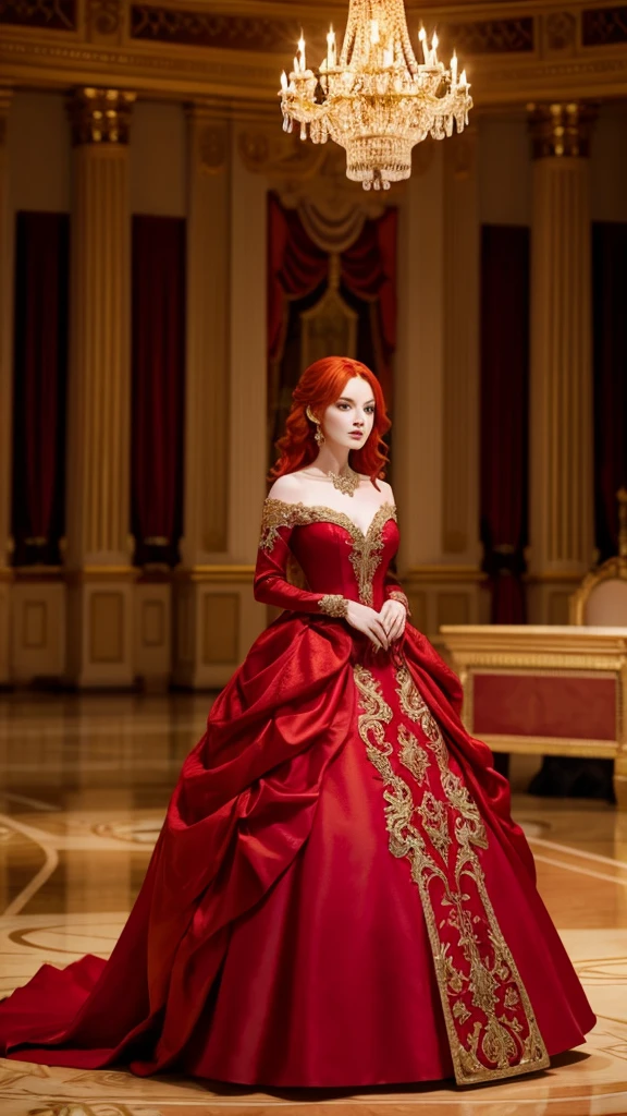 A woman with fiery red hair, dressed in a regal gown, standing in a grand ballroom."
