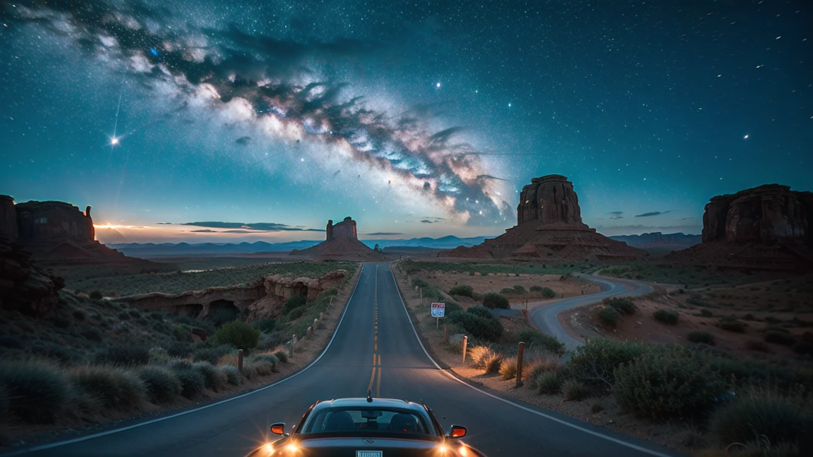photo, photograph cinematic photo , reflective, hyper detailed, ultra sharp, film, ultra realistic, ((best quality, symmetry)), ((masterpiece)), ((realistic)),  silicone, A white Ford Mustang drives down a winding road through Monument Valley at night. The back of the car is prominently visible, perfectly centered in the image. The iconic rock formations of Monument Valley rise on either side, and the stunning Milky Way stretches across the night sky, adding a magical glow to the scene film, bokeh, professional, 4k, highly detailed