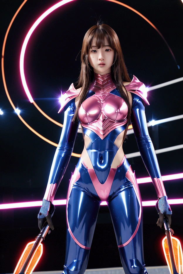Bright outdoors、strong light source、8k, high quality, masterpiece, 最high quality、Very detailed、Full body armor、Very large armor、Helmet covering the head、Clear photos、The eyes are pale, Straight Goggles:1.3、The lower half of the face is meat:1.5、The face below the nose is exposed:5.0、Seductive lips、Fluorescent pink metallic armor with thin gold lines、Armor that completely covers the chest、length, Thin legs、Vivid PosseL Body View,Big and ample breasts:1.5, (Sports Body:1.5)、Five Fingers、Photos of the city，Busty women，Blunt bangs，Thighs，Brown Hair，Volumie，Wavy long hair，Woman in a mechanical bikini suit，
"A high school girl wearing a powered combat suit，The suit is made primarily of metallic blue metal.、It resembles a bikini，Yellow lines on key areas of the body，She is equipped with shoulder guards and power hands, Amplify her strength hundreds of times."
