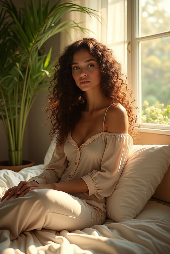 (photorealism:1.2), beautiful woman, sitting on bed, wearing loose off-shoulder top, pajama pants, long curly hair, indoors, soft lighting, plants in background, window with sunlight, cozy room, relaxed pose, realistic, intricate details, warm colors, by Greg Rutkowski, by Alphonse Mucha