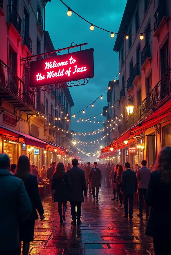 Take a Strada at night with a sign saying, welcome to the world of jazz
