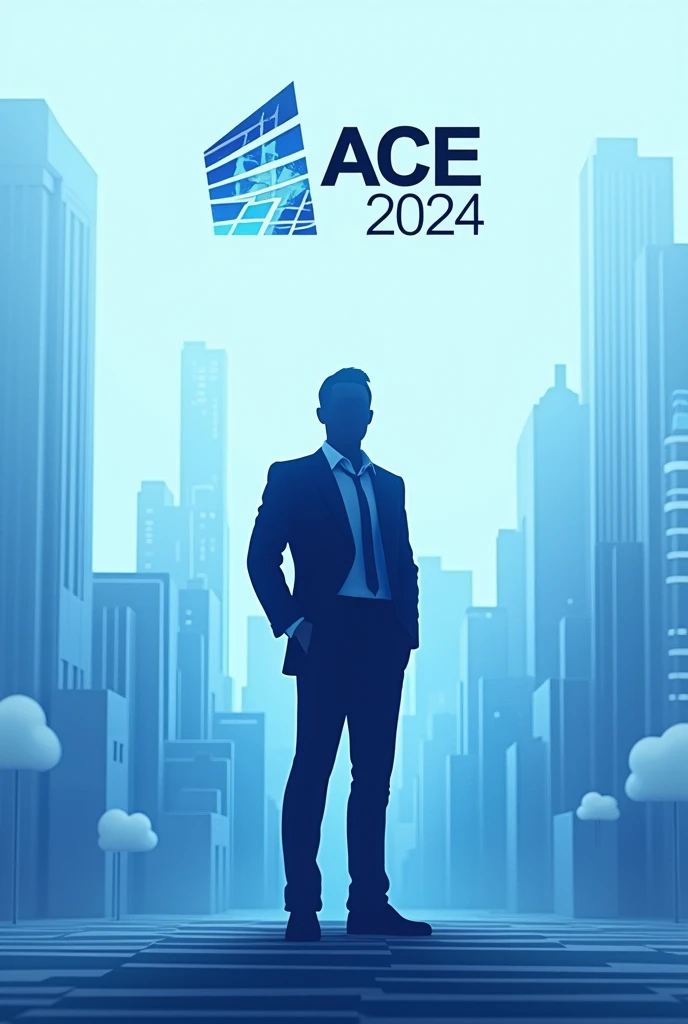 Light blue background with skyscrappers, at the centre a silhoutte of business leader. At the top there is wording “IPMA ACE 2024”. Realistic 3D design with some abstract as background